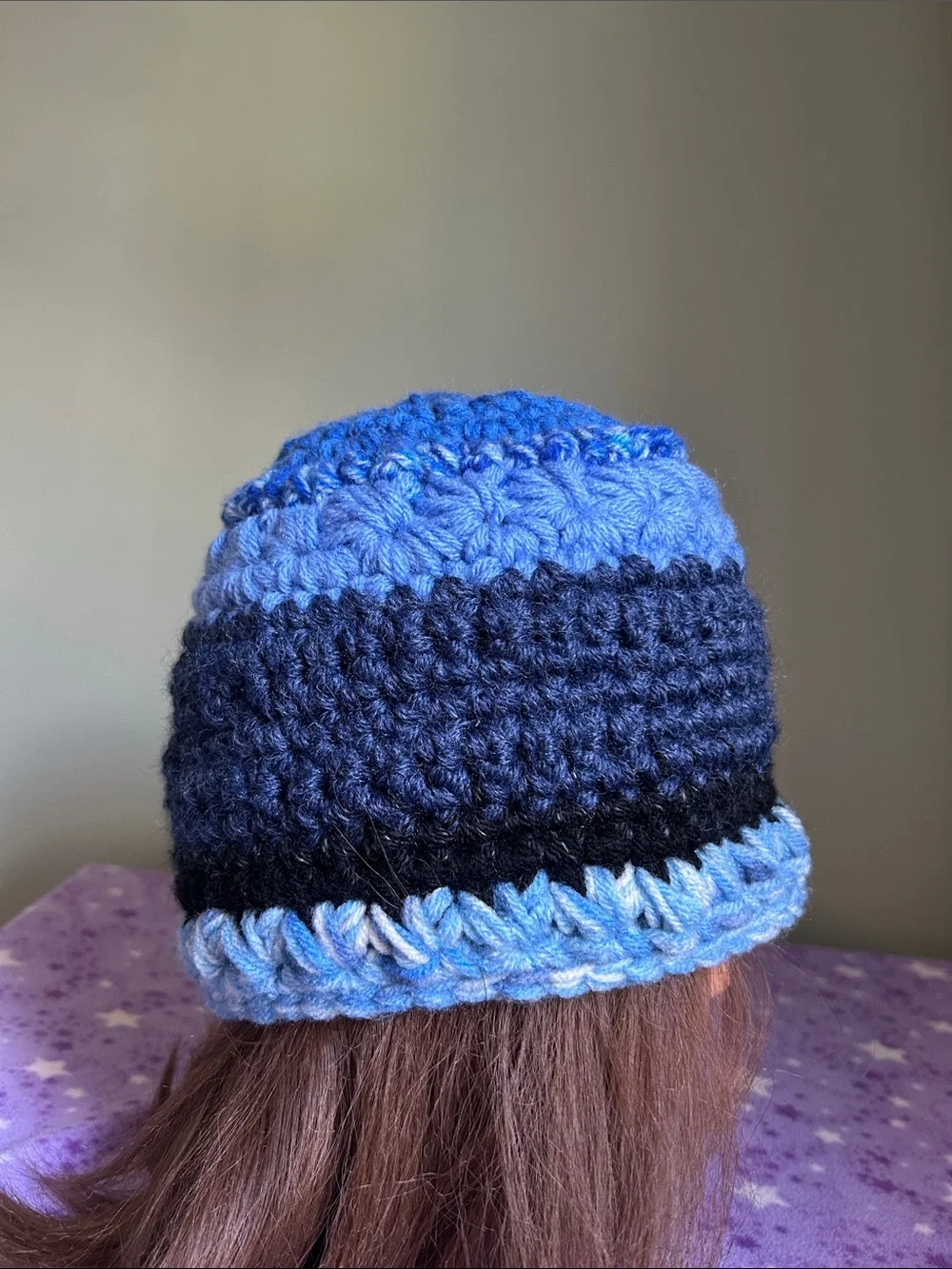 Crocheted Blue & Purple Flower Beanie medium acrylic beanie